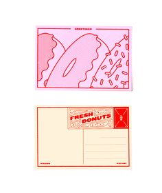 two envelopes with donuts on them are shown in red and pink colors, one is