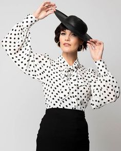 Spot something you like? Our fan-favorite Gwen blouse is back in stock! Classic Fitted Polka Dot Blouse, Classic Fitted Polka Dot Tops, Elegant Polka Dot Party Blouse, Elegant Polka Dot Blouse For Party, Fitted Vintage Polka Dot Blouse, Retro Fitted Polka Dot Blouse, Vintage Tailored Polka Dot Blouse, Vintage Black Office Blouse, Fitted Polka Dot Blouse For Work