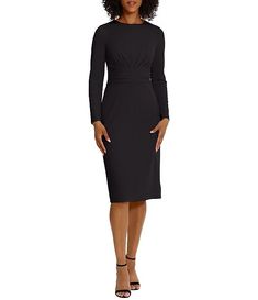 Maggy London Stretch Crew Neck Long Sleeve Dress | Dillard's Fitted Long Sleeve Sheath Dress For Formal Events, Formal Fitted Long Sleeve Sheath Dress, Sleek Fitted Long Sleeve Dress For Formal Occasions, Sleek Fitted Long Sleeve Dress For Formal Events, Formal Fitted Sheath Long Sleeve Dress, Formal Long Sleeve Sheath Dress, Elegant Fitted Long Sleeve Dress With Back Zipper, Stretch Elastane Long Sleeve Midi Dress, Fitted Ruched Long Sleeve Evening Dress