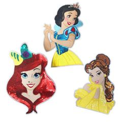 disney princess iron - on patches are shown in three different colors and sizes, including one with