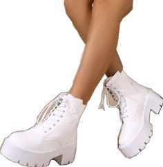 White Lace-up Platform Boots With Chunky Platform, Trendy White Synthetic Platform Boots, White Casual Platform Boots, Casual White Lace-up Platform Boots, Casual White Chunky Platform Boots, White Casual Chunky Platform Boots, Casual White Boots With Chunky Platform, Combat Boots Heels, Boots Heel