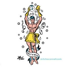 a drawing of a man in yellow bathing suit holding up a bottle with the words get'n wild written on it