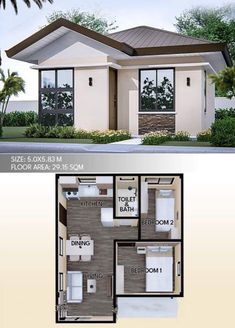 two story house plan with 3 bedroom and 2 bathroom in the front, an open floor plan