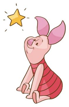 a cartoon pig sitting on the ground with a star in its hand and looking up at it