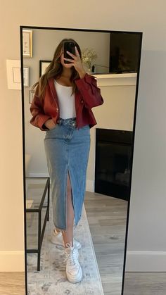 Red leather, denim skirt, red fashion, denim skirt outfit ideas, denim skirt outfit, leather jacket, leather jacket outfit, leather jacket outfit ideas, spring leather jacket outfit, spring outfit, spring 2024 outfit, spring 2024 outfit inspo, spring outfit inspo, 2024 fashion, fashion trends, 2024 fashion ideas, denim skirt with sneakers, AF1’s, air force 1’s outfit, AF1 outfit, air force ones outfit Jean Jacket With Skirt, Red Denim Jacket Outfit, Denim Skirt With Sneakers, Leather Jacket Outfit Spring, Outfit Air Force, Leather Jacket Outfit Ideas, Skirt With Sneakers, Af1 Outfit