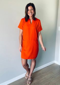 Cute Women's Dresses for Work - Orange Shift Dress Short One Piece Dress, A Line Shift Dress, Linen Casual Dress, Shift Dress Styles, Short One Piece, Work Fits, Womens Shift Dresses, Linen Casual, One Piece Dress