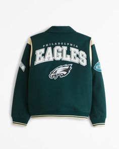 NFL Philadelphia Eagles Varsity Bomber Jacket | NFL NFL | Abercrombie.com Long Sleeve Varsity Jacket With Logo For Streetwear, Casual Varsity Jacket With Logo Patch, Casual Long Sleeve Varsity Jacket With Logo Patch, Sporty Winter Outerwear For Game Day, Fall Varsity Jacket With Embroidered Patch And Long Sleeves, Fall Varsity Jacket With Embroidered Patch, Urban Varsity Jacket With Logo Patch For College, Varsity Long Sleeve Outerwear With Logo Patch, Sporty Varsity Jacket With Logo Patch