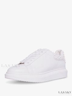 Lasaky - Womens Spike Sneakers: Elegant Round Toe Lace-Up Design Trendy Low-top Spiked Sneakers, White Spiked Round Toe Sneakers, Casual White Sneakers With Spikes, Casual Spiked Lace-up Sneakers, Casual Lace-up Sneakers With Spikes, Stylish Sneakers Women, Fall Toes, Flatform Sneakers, Studded Sneakers