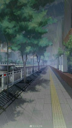 a city street with benches and trees in the rain