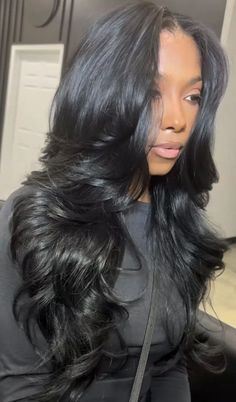 Middle Part Closure With Layers, Middle Part Hairstyles Layers, Bust Down Middle Part Straight, Layered Black Wig, Long Layers On Black Women Hair, Loose Wave Curls Black Women, Hair Flips Out On Ends, Body Wave Layered Hair, Middle Part Hairstyles With Layers