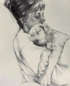 a pencil drawing of a woman holding a puppy in her arms and looking at the viewer