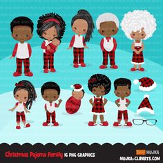 christmas pajama family cliparts for kids and adults with black hair, red plaid