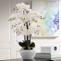 a vase with white flowers sitting on top of a table next to a bookshelf