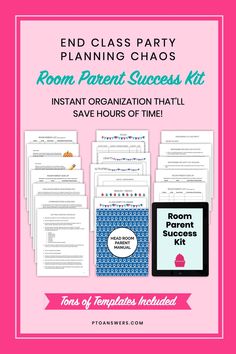 room parent success kit with text that reads, end class party planning chaos room parent success kit instant organization that