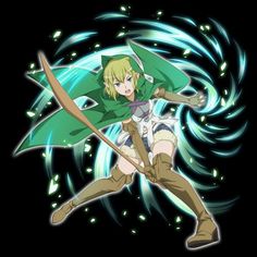 an anime character with green hair holding a spear