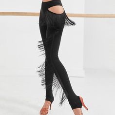 Fringe Leggings High Waisted Fitted Bottoms With Fringe, Fitted High Waist Bottoms With Fringe, Fitted Fringe Pants For Party, High Stretch Full-length Dancewear Bottoms, High Stretch Full Length Dancewear Bottoms, Stretch Black Bottoms With Fringe, Black Stretch Fringe Bottoms, Black Fringe Stretch Bottoms, Black Stretch Bottoms With Fringe