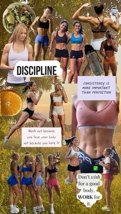 a collage of women in sports bras and shorts, with the words discpline above them