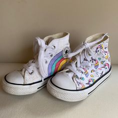 Toddler Size 6. Extra Laces Pictured Included. Would Probably Wash Up To Look Brand New! Not Worn Many Times Cute Multicolor High-top Sneakers, Cute Multicolor Sneakers For School, Multicolor Converse Sneakers For School, Fun White Sneakers For Playtime, Cute Multicolor Sneakers For Playtime, Playful White Converse Sneakers, Playful Multicolor Converse Sneakers, Unicorn And Rainbow, Toddler Converse