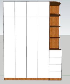 a drawing of a bookcase with drawers and shelves on the bottom, in front of a gray background