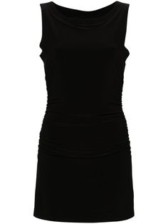 black stretch-jersey boat neck sleeveless ruched bodice straight hem thigh-length internal bodysuit Chic Black Boat Neck Dress, Norma Kamali Diana Dress, Norma Kamali 2023, Norma Kamali Maria Dress, Norma Kamali Black Dress, Ruched Bodice, Norma Kamali, City Dress, Vestido Casual