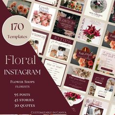 This Instagram Post Template Bundle contains 95 different unique and aesthetic post designs with a floral theme, 45 Stories or Reels Covers and 30 quotes for Instagram. The social media template bundle was designed with lots of flowers and bouquets, with a dark elegant Bordeaux red and light creme color, ideal for flower shops, florists, wedding florists, feminine or organic brands, beauty businesses, and lots more! Use this Instagram post template as it is or adapt it to your brand's color pale Flower Shop Social Media Post, Florist Social Media, Flower Shop Wedding, Citations Instagram, 30 Quotes, Aesthetic Post, Media Kit Template, Flower Shops