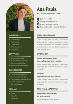 a green and white resume template with an image of a woman in the center on it