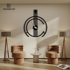 a large clock mounted to the side of a wall next to two chairs and a table