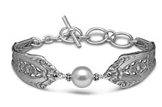 Empire Bracelet with Pearl from Silver Spoon Jewelry Elegant Engraved Antique Silver Bracelets, Elegant Adjustable Silver Pearl Bracelet, Elegant Silver Adjustable Pearl Bracelet, Elegant Antique Silver Bracelets For Formal Occasions, Elegant Nickel-free Bracelets For Formal Occasions, Elegant Adjustable Sterling Silver Nickel-free Bracelet, Adjustable Silver Vintage Pearl Bracelet, Antique Silver Elegant Wedding Bracelets, Elegant Antique Silver Bracelets For Wedding