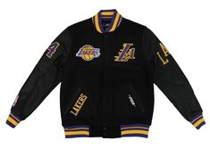 the los lakers jacket is black with yellow and purple trimmings on the sleeves