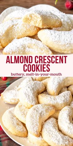 almond crescent cookies on a plate with the words almond crescent cookies written in red and white