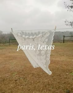 there is a white lace hanging from a clothes line in the grass with words paris, texas on it