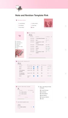 a pink and white web page with the words note and revision template pink