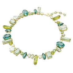 Crafted with an array of cuts and colors, this eye-catching Gema necklace glows with unexpected beauty. Celebrating Swarovski's unique mastery of crystals, the hypnotic green stones are set in a bohemian style on a radiant gold-tone plated setting finished with a lobster clasp. Reach for this stunning piece for an instant shot of glamour. Article no.: 5657388 Collection: Gema Length (minimum - maximum): 14.17 - 15.75 inch Width: 0.9 inch Material: Crystals, Gold-tone plated Color: Green Clasp ty Green Crystal Necklaces With Sparkling Stones, Green Necklace With Gemstone Accents, Green Crystal Necklace With Stones, Green Sparkling Stone Necklace For Party, Green Crystal Necklace With Jewels, Green Necklace With Sparkling Stones For Party, Green Necklaces With Sparkling Stones For Party, Green Crystal Jewelry With Jeweled Details, Green Crystal Jewelry