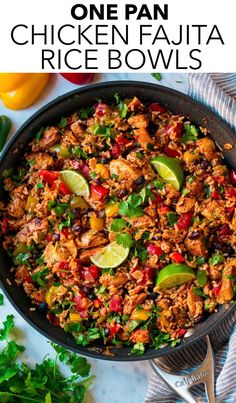 one pan chicken fajita rice bowls with cilantro and limes on the side