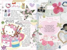 an open book with hello kitty images and pictures on the pages, including coffee mugs