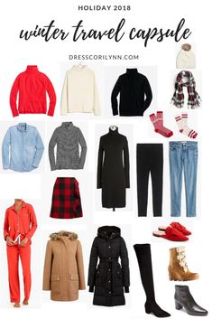 Winter travel capsule. Travel Clothes Women Winter, Christmas Travel Capsule Wardrobe, Capsule Dress, Weekend Packing, Capsule Dressing