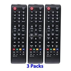 three black remote controls sitting next to each other on a white background with the words 3 packs