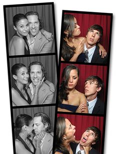 a couple kissing each other in front of a red curtain and black and white photo collage