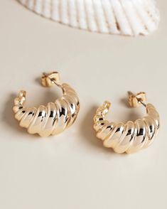 Croissant Hoops Gold Croissant Earrings, Croissant Earrings, New Shop, Gold Plate, Plating, Brass, Stainless Steel, Christmas, Gold