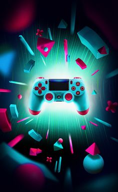 a video game controller surrounded by colorful shapes and objects in the dark room with bright light coming from behind it