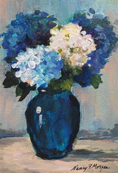 a painting of blue and white flowers in a vase