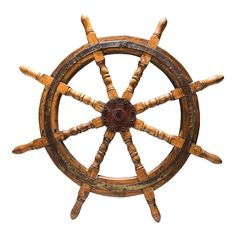 an old wooden steering wheel on a white background