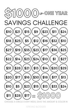 the $ 100 one year savings challenge is shown in this black and white poster, which includes