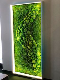 a large green moss covered wall hanging on the side of a white walled wall in an office