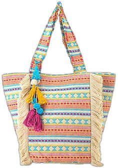 Casual Multicolor Bags With Tassels, Tote Shoulder Bag With Tassels For Shopping, Tassel Tote Shoulder Bag For Shopping, Multicolor Vacation Bags With Tassels, Daily Use Multicolor Bag With Fringe, Multicolor Tassel Tote Bag, Multicolor Shoulder Bag With Tassels, Multicolor Tote Bag With Tassels, Multicolor Fringe Bag For Daily Use