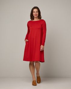 Rowena Merino Wool Swing Dress - Pomegranate Fall Dresses With Side Pockets For Workwear, Modest Dress With Pockets For Fall, Modest Fall Dresses With Pockets, Long Sleeve Dresses With Side Pockets For Work, Long Sleeve Dresses With Side Pockets For Winter, Long Sleeve Winter Dresses With Side Pockets, Fall Midi Dress With Side Pockets, Merino Dress, Capsule Wardrobe Dresses