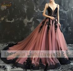 Black And Pink Wedding Dresses, Pink And Black Dress Ball Gowns, Black And Pink Wedding Dress, Black Pink Gown, Pink And Black Wedding Dress, Pink And Black Prom Dress, Baddie Wedding, Alt Wedding Dress, Black Mermaid Wedding Dress