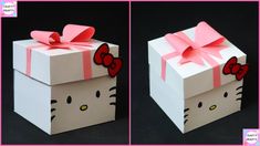 two pictures of an open box with a hello kitty design on it, one has a pink bow and the other is white