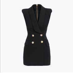 Balmain Black Dress Luxury Blazer Dress For Cocktail Events, Elegant Knee-length Blazer Dress For Cocktail, Luxury Fitted Blazer Dress For Cocktail, Luxury Mini Dress For Office, Elegant Black Blazer Dress For Work, Elegant Sleeveless Blazer Dress For Formal Occasions, Fitted Luxury Mini Dress For Office, Luxury Mini Dress For Workwear, Luxury Fitted Mini Dress For Office