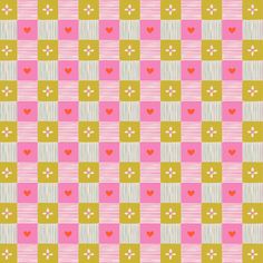 a pink and green checkered pattern with hearts